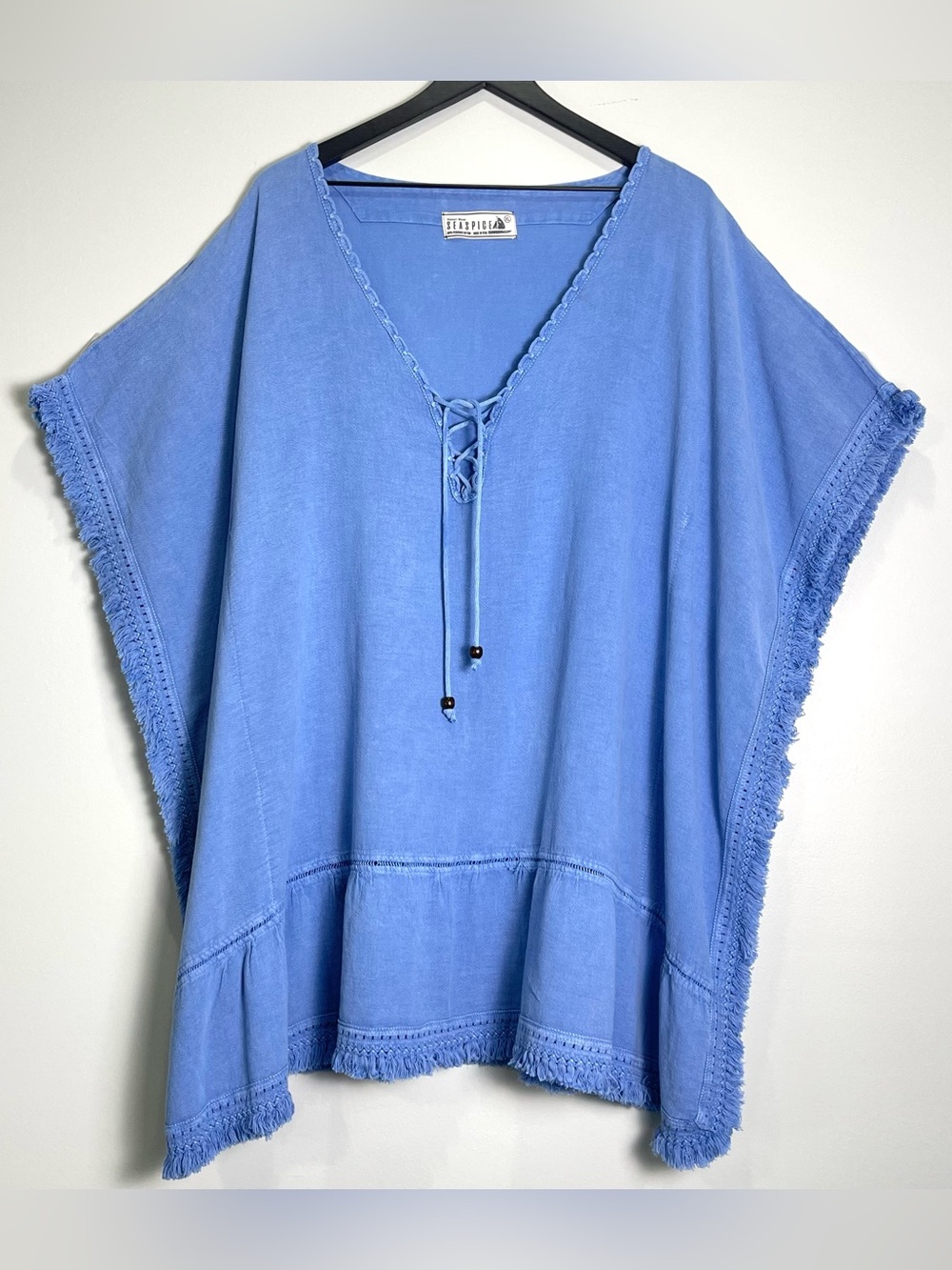 NWT SEASPICE Resport Wear Blue Swimsiut Cover-Up Fringe Trim 100% Cotton Size XL